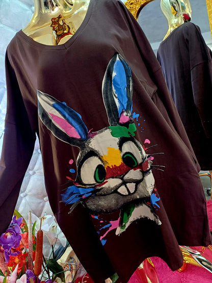 Krásna bavlnená tunika/šaty s veľkým zajačikom💞😍Hnedá,veľký obrázok zajačika, pohodlné vrecká, dlhý strih