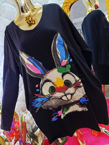 Krásna bavlnená tunika/šaty s veľkým zajačikom💞😍Čierna,veľký obrázok zajačika, pohodlné vrecká, dlhý strih
