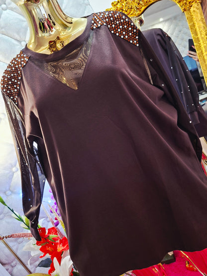 🤎 Hnedá elegantná tunika s tylovým detailom – turecký model 🤎