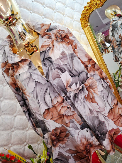 🌸🤎 LUXUSNÁ KVETINOVÁ TUNIKA SO STRIEBORNÝM LEMOVANÍM – ELEGANTNÁ KRÁSKA ✨🌸
