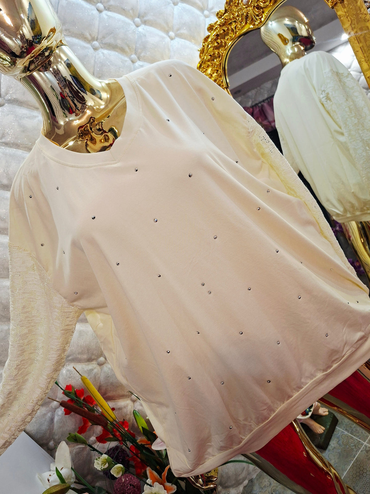 🤎✨ EXTRAVAGANTNÁ BAVLNENÁ TUNIKA S ČIPKOVANÝMI RUKÁVMI A ZIRKÓNMI ✨🤎