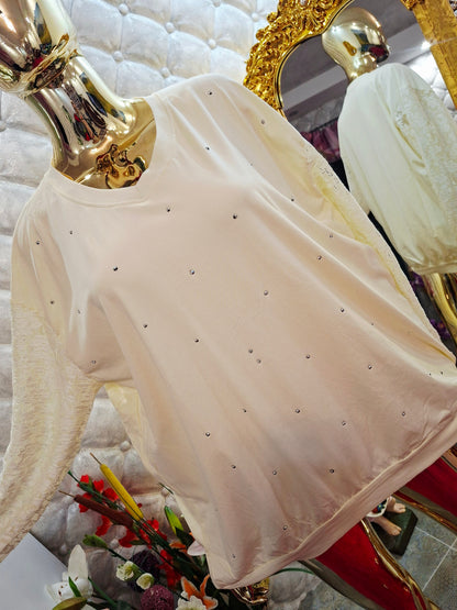 🤎✨ EXTRAVAGANTNÁ BAVLNENÁ TUNIKA S ČIPKOVANÝMI RUKÁVMI A ZIRKÓNMI ✨🤎