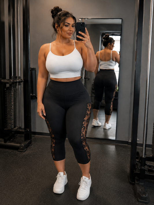 Dámske  čipkované legíny Slim Fit Capri s čipkou,,vysoký pás