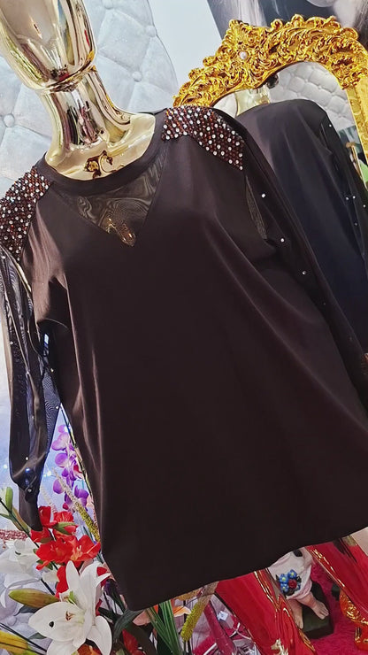 🤎 Hnedá elegantná tunika s tylovým detailom – turecký model 🤎