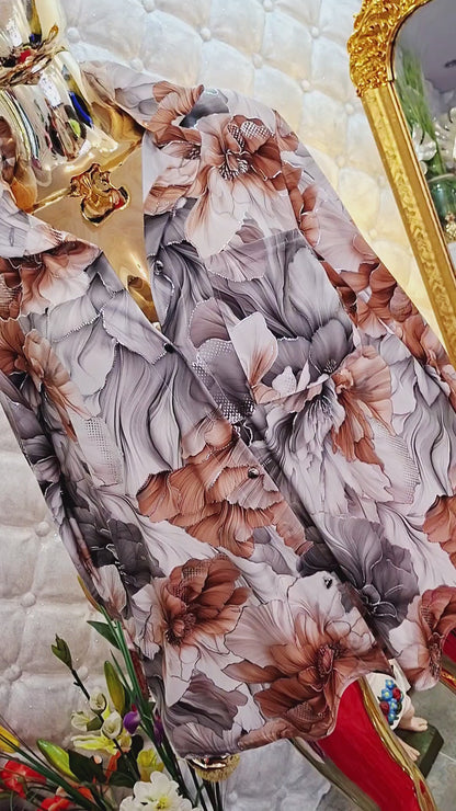 🌸🤎 LUXUSNÁ KVETINOVÁ TUNIKA SO STRIEBORNÝM LEMOVANÍM – ELEGANTNÁ KRÁSKA ✨🌸