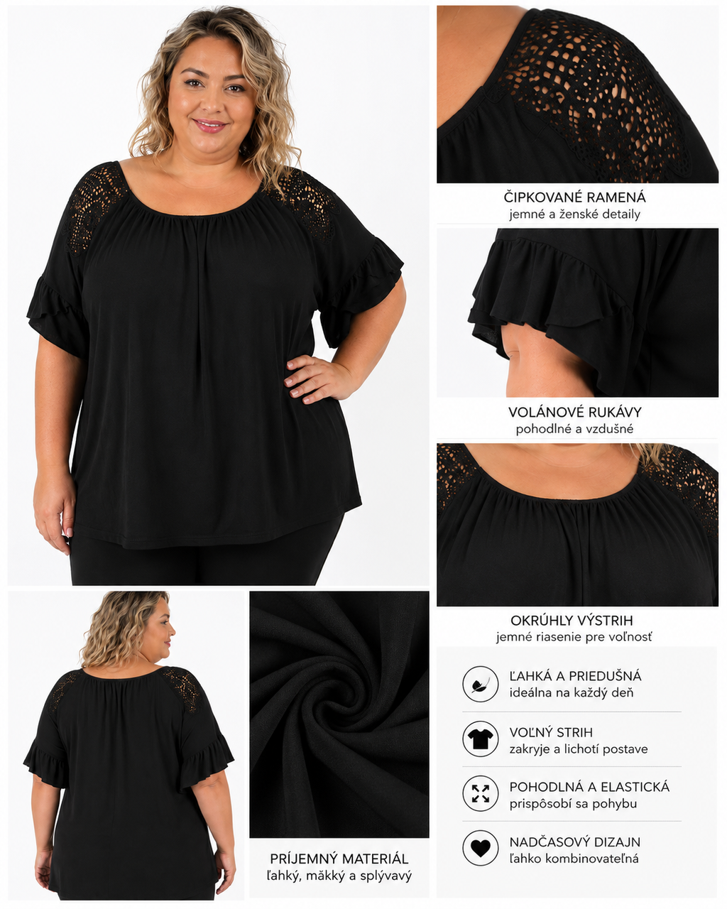 Romantická blúzka s čipkou a volánikmi čierna a žltá